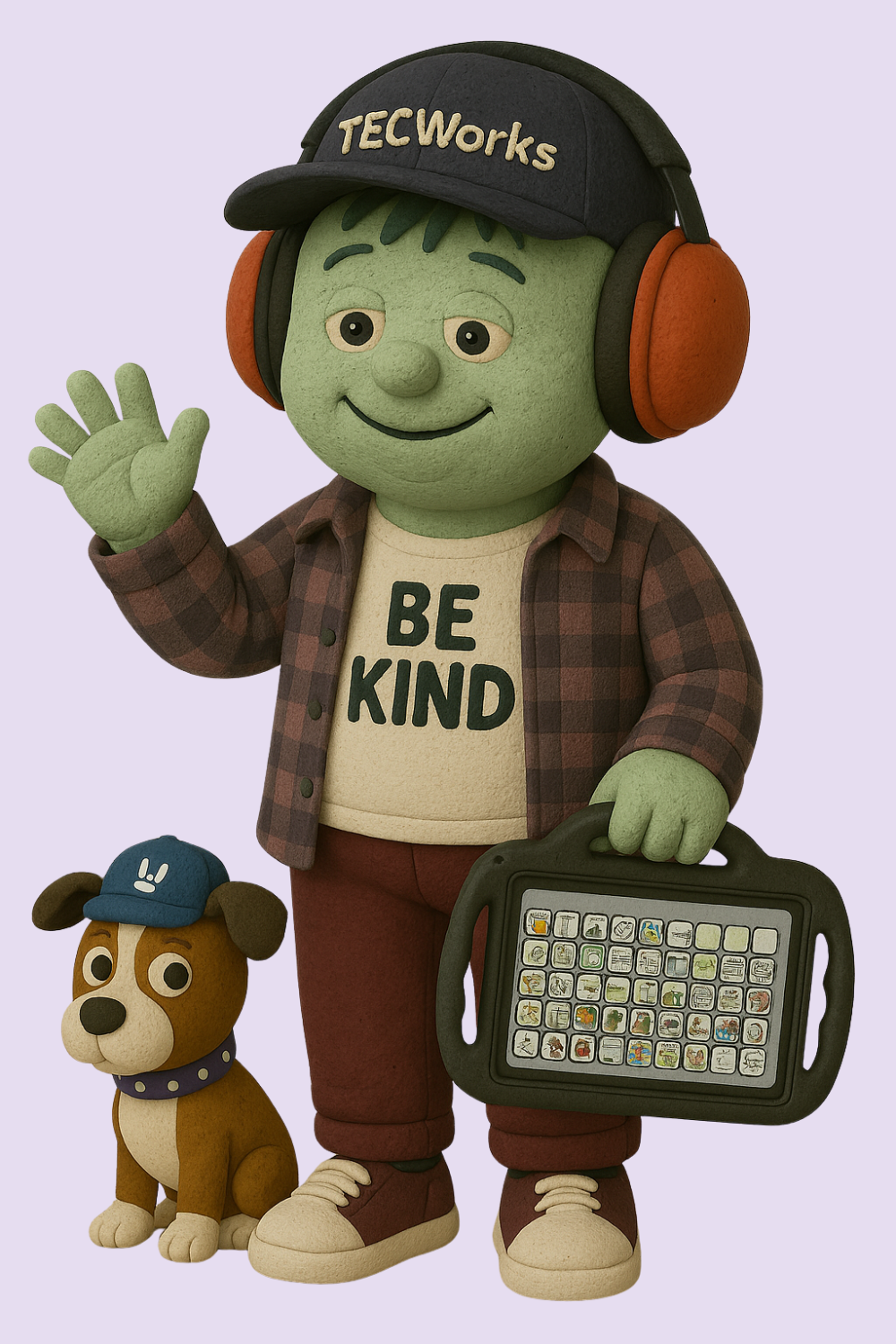 Friendly TECWorks character waving with a device and assistance dog