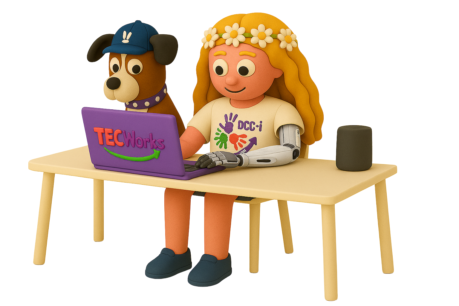 Learner using laptop with companion