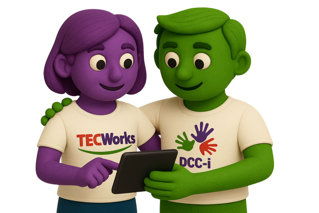 Plasticine-style illustration of two characters wearing TECWorks and DCC-i shirts, collaborating while looking at a tablet, symbolising partnership and shared learning in Technology Enabled Care.