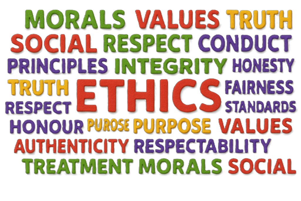 Plasticine-style word collage featuring terms such as ethics, values, respect, integrity, honesty, and authenticity, symbolising moral principles and professional conduct in care.