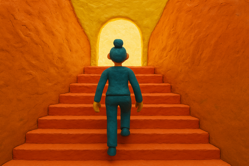 Plasticine-style figure walking up orange steps toward a bright archway, symbolising progress, improvement, and moving toward better practice in social care.