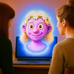 Plasticine-style illustration showing two women in conversation over a video call with a digital avatar on a laptop, symbolising technology-enabled care, learning, and reflective empowerment.
