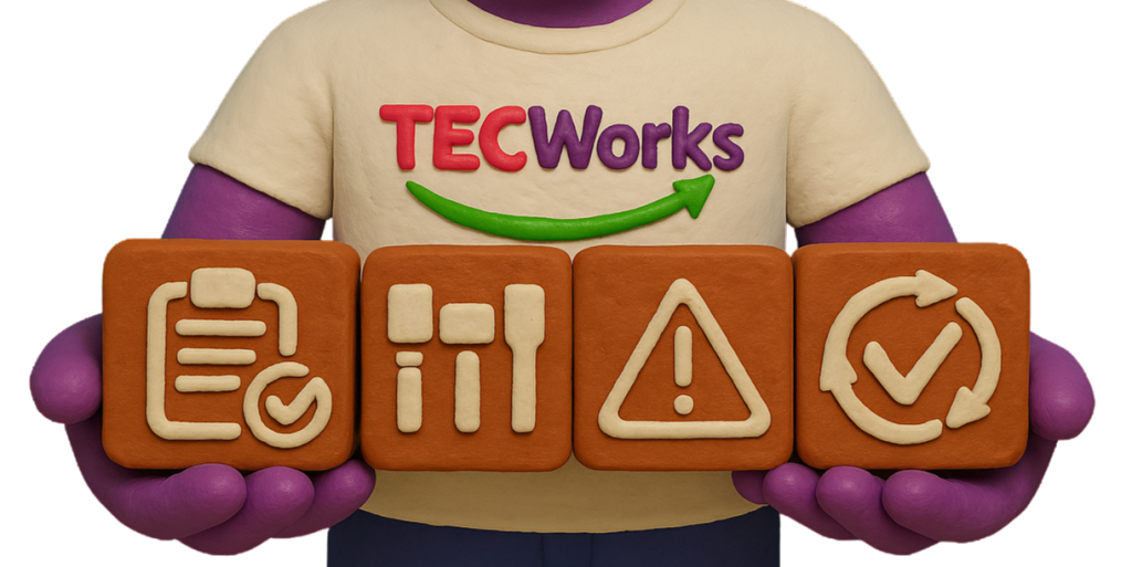 Plasticine-style figure wearing a TECWorks shirt, holding icons representing audit, risk, and continuous improvement, symbolising compliance and quality assurance in social care.