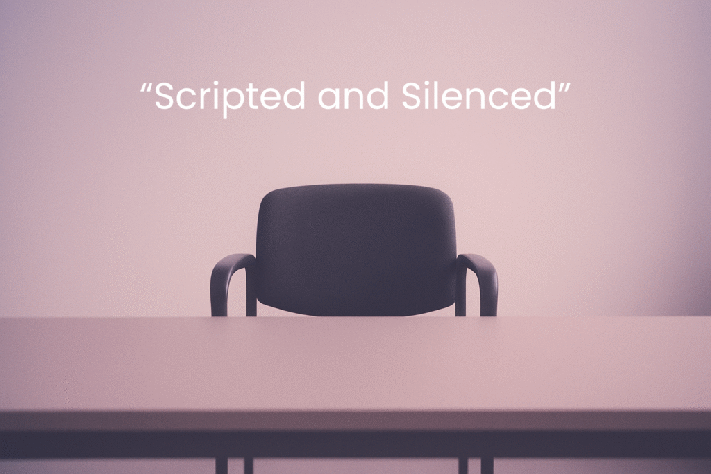 Empty chair in a meeting room with the words “Scripted and Silenced” overlaid, symbolising survivors walking away from a government inquiry.