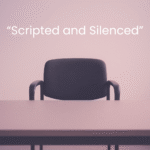 Empty chair in a meeting room with the words “Scripted and Silenced” overlaid, symbolising survivors walking away from a government inquiry.