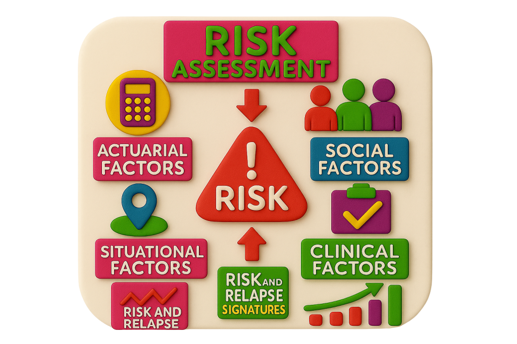 Plasticine-style illustration showing a risk assessment framework with actuarial, situational, social, and clinical factors, symbolising risk and relapse assessment in social care.