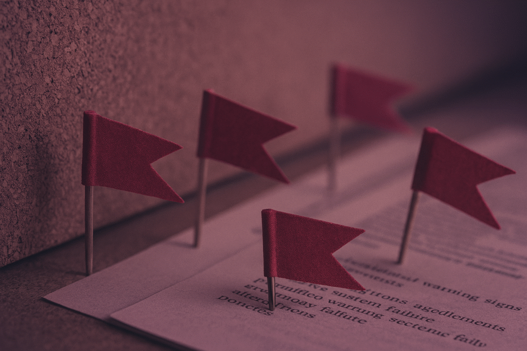 Close-up of small red flags pinned into documents, symbolising systemic warning signs and institutional failures in the Grooming Gang Inquiry.