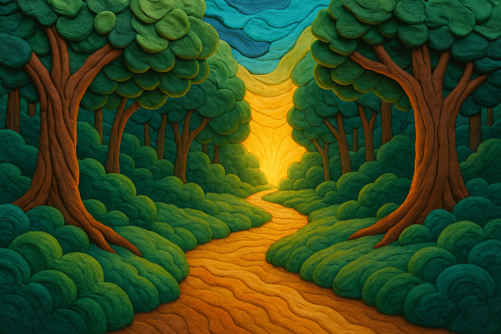 Clay-style illustration of a winding woodland path leading into warm sunlight, symbolising hope, recovery and future pathways in ADHD and neurodivergent care.