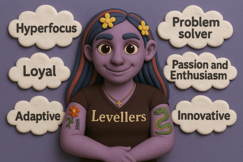 Clay-style woman with purple skin and flower tattoo, surrounded by words like Hyperfocus, Loyal, Adaptive, Innovative, Passion, and Problem Solver — celebrating ADHD and neurodivergent strengths.