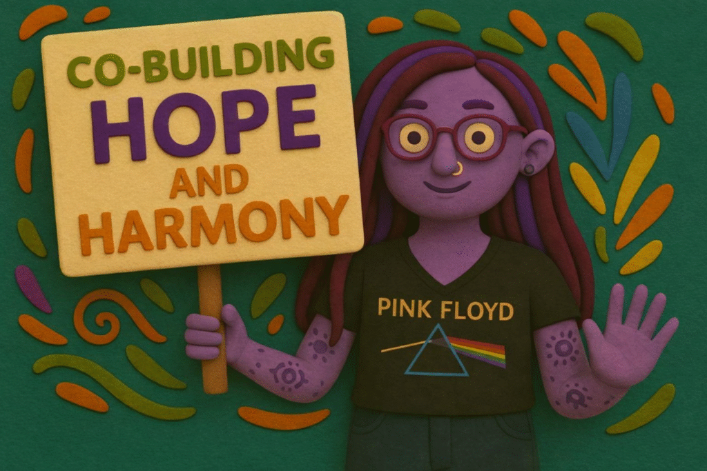 A stylised 3D plasticine character stands against a deep green textured background decorated with colourful paper‑cut style shapes in orange, yellow, green, and purple. The character has purple-toned skin and long, layered plasticine hair in muted reds and purples. The character holds a large yellow protest-style sign on a wooden pole in the left hand. The sign reads “CO‑BUILDING HOPE AND HARMONY” in green, purple, and orange raised lettering. The character wears a black T‑shirt with the “Pink Floyd” logo and rainbow prism design. Both arms have decorative plasticine-style tattoos in geometric and circular patterns. The character’s right hand is raised and open toward the viewer.